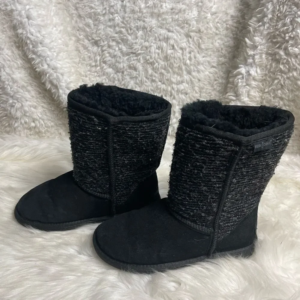 Minnetonka Tall Suede Tweed Boots Sheepskin/ Wool Lining Black/Gray SZ7